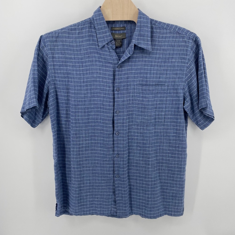 Bruno Mens Washable Linen Short Sleeve Button Down Shirt Blue Grid 1X Big